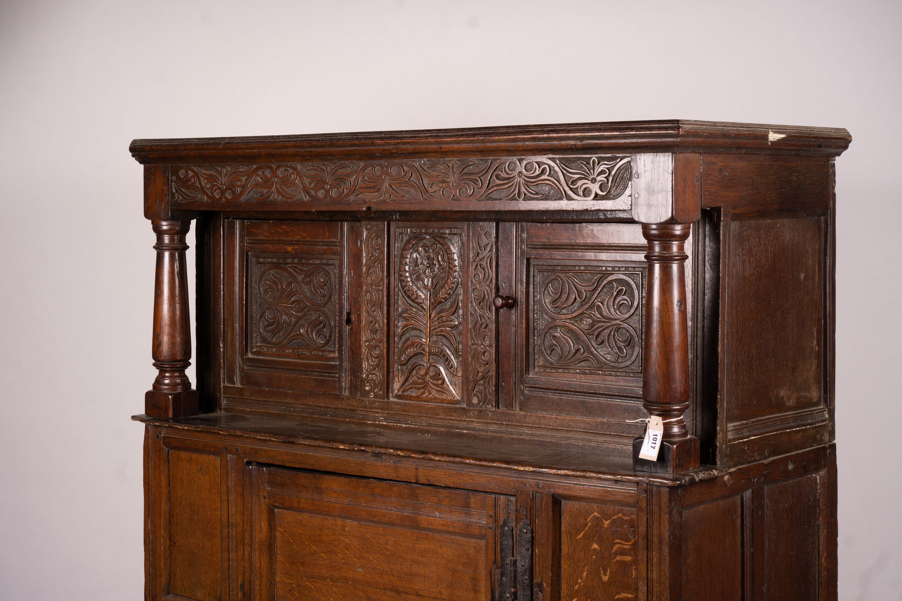 An early 18th century oak court cupboard, width 128cm, depth 59cm, height 172cm